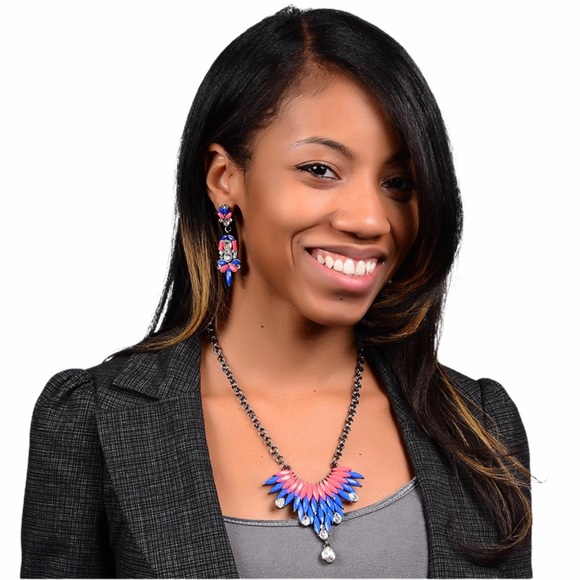 Amrita Singh Gunmetal Blue & Pink Austrian Crystal Bib Modern Bubble Necklace - Picture 2 of 15